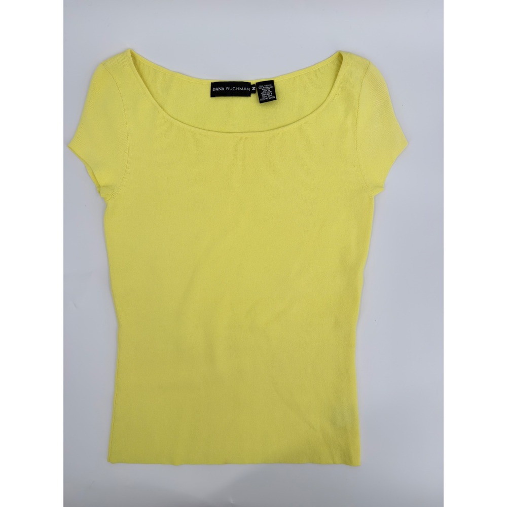 Dana Buchman Scoop Neck Top 90s Vintage Women Size Medium Yellow Short Sleeve